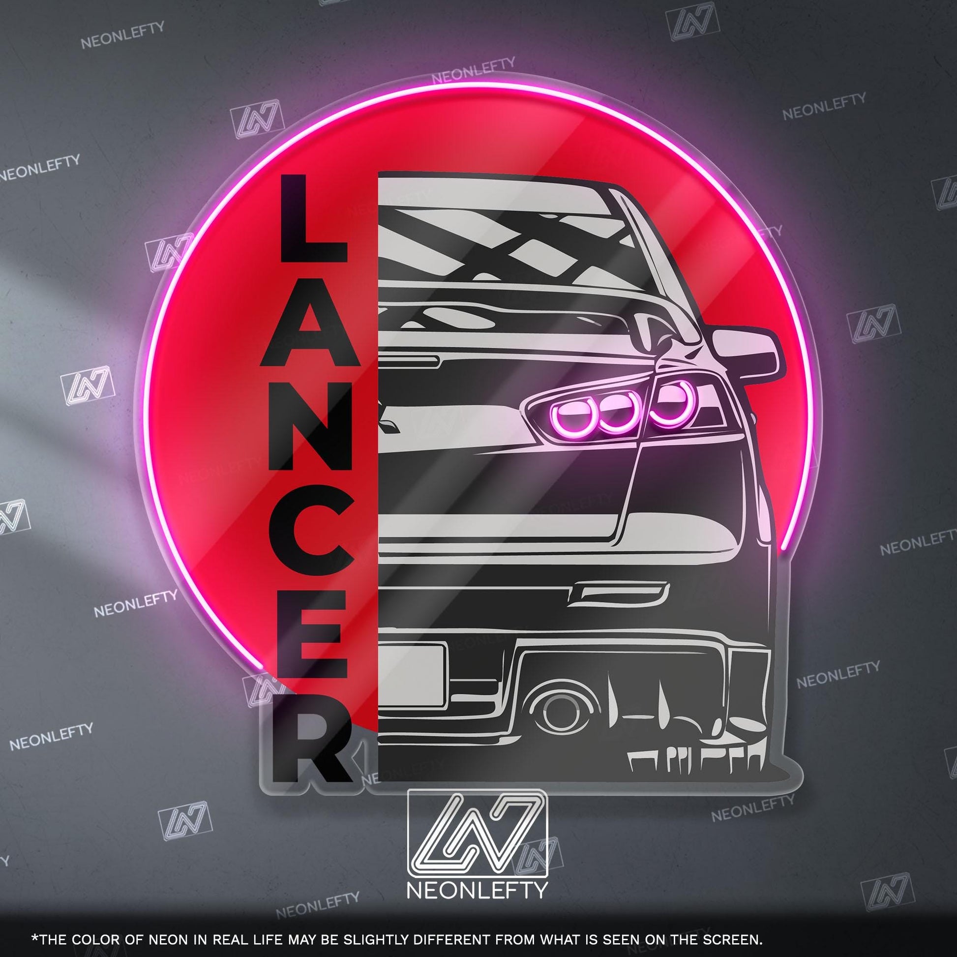 Lancer Evo X Neon Sign - Rear view wall art of iconic Mitsubishi Evo X, perfect for garage, man cave, tuner room or JDM rally car enthusiast