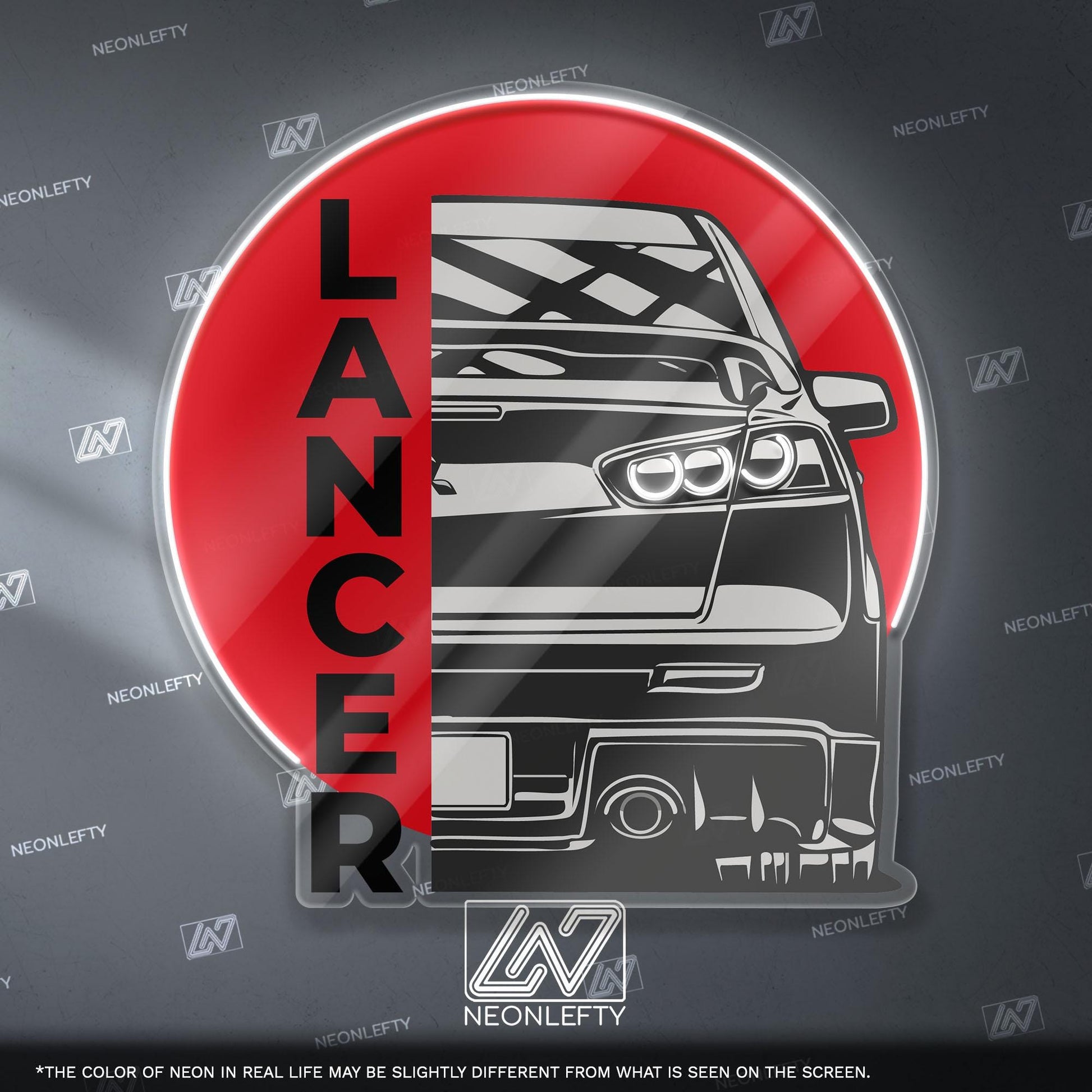 Lancer Evo X Neon Sign - Rear view wall art of iconic Mitsubishi Evo X, perfect for garage, man cave, tuner room or JDM rally car enthusiast