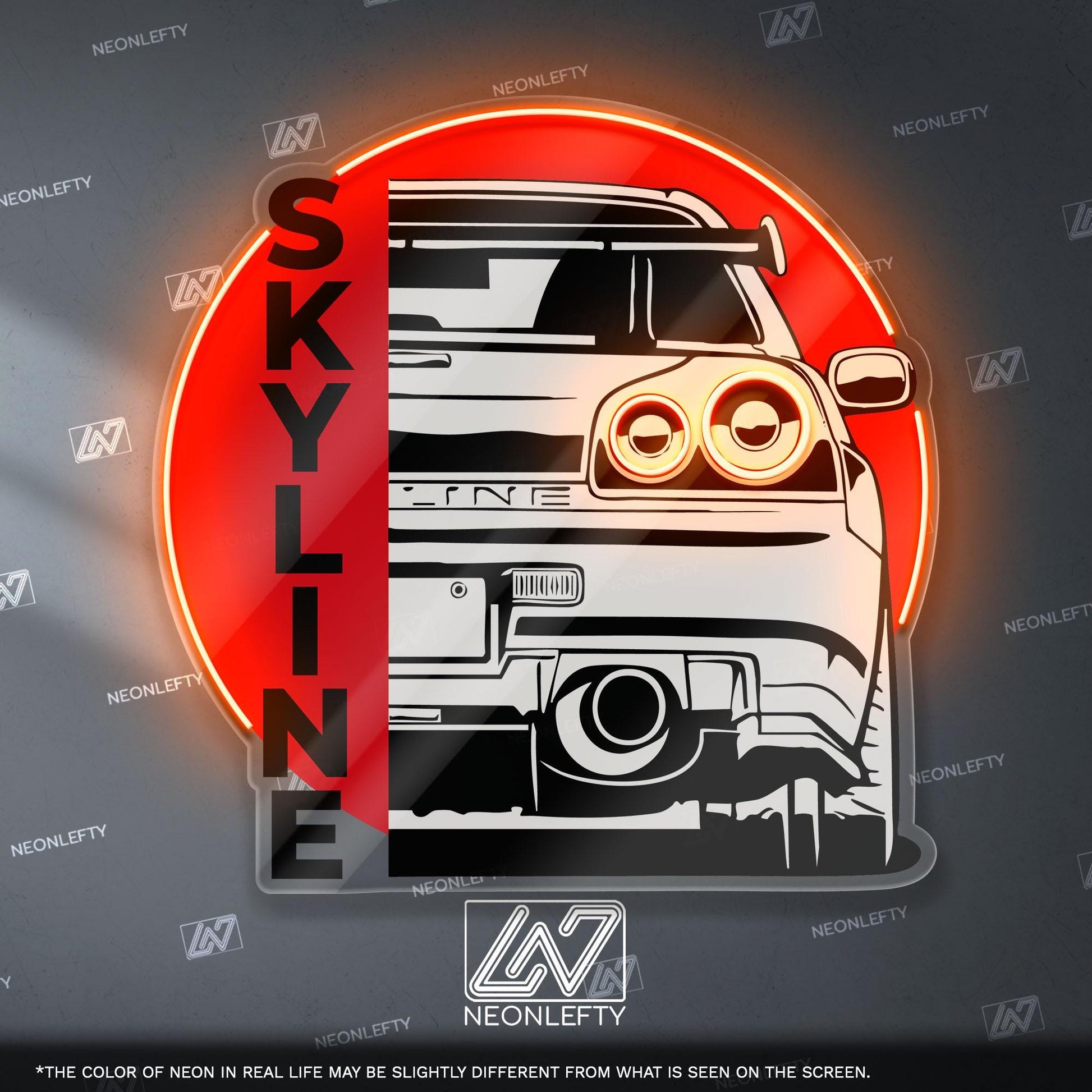 Nissan Skyline Neon Sign - Rear view wall art of legendary JDM icon R34, perfect for garage, man cave, tuner setup, street racing enthusiast