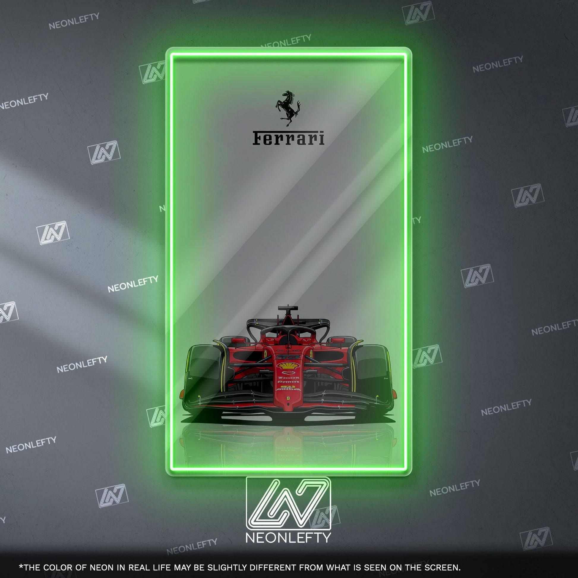 Ferrari F1 Neon Sign - Bold front view wall art of iconic Scuderia Ferrari Formula 1 car, perfect for garage, man cave, office or motorsport