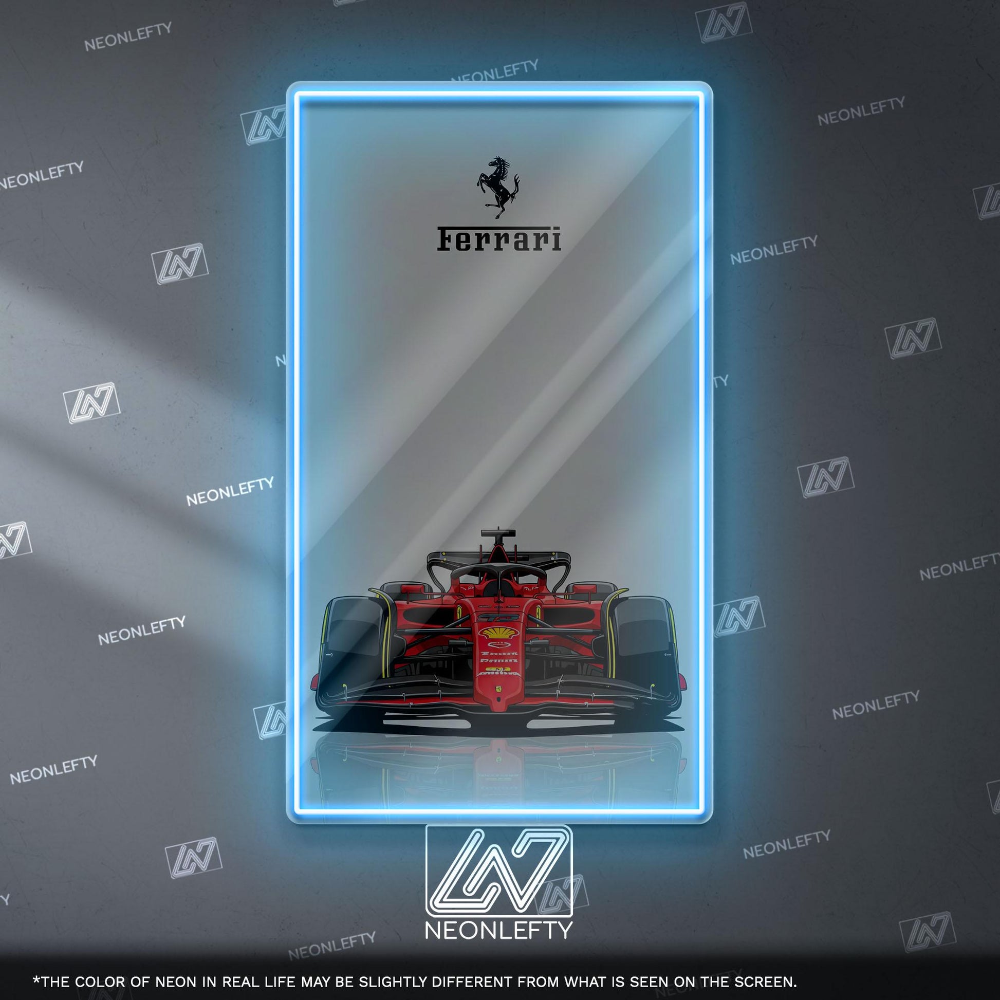 Ferrari F1 Neon Sign - Bold front view wall art of iconic Scuderia Ferrari Formula 1 car, perfect for garage, man cave, office or motorsport