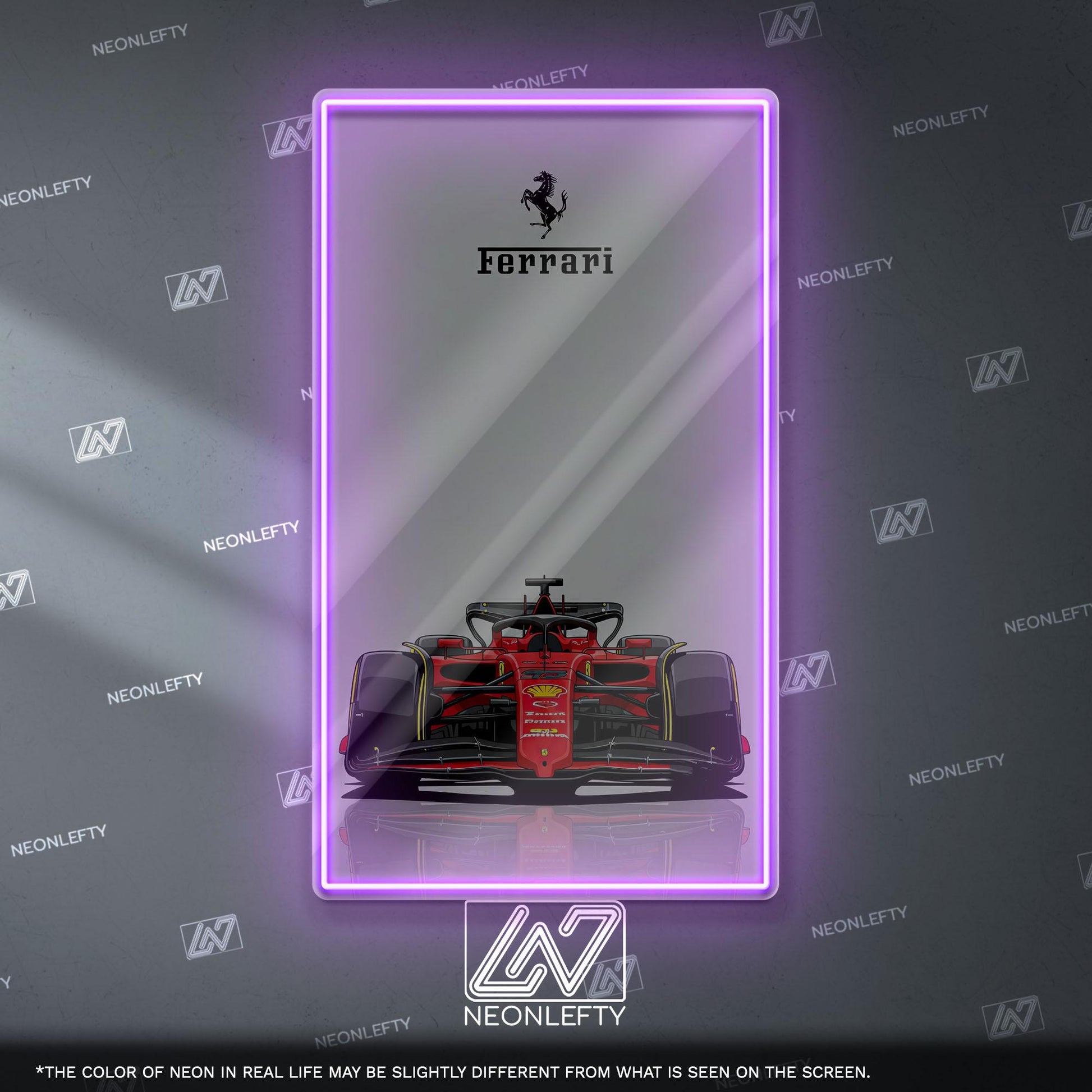 Ferrari F1 Neon Sign - Bold front view wall art of iconic Scuderia Ferrari Formula 1 car, perfect for garage, man cave, office or motorsport