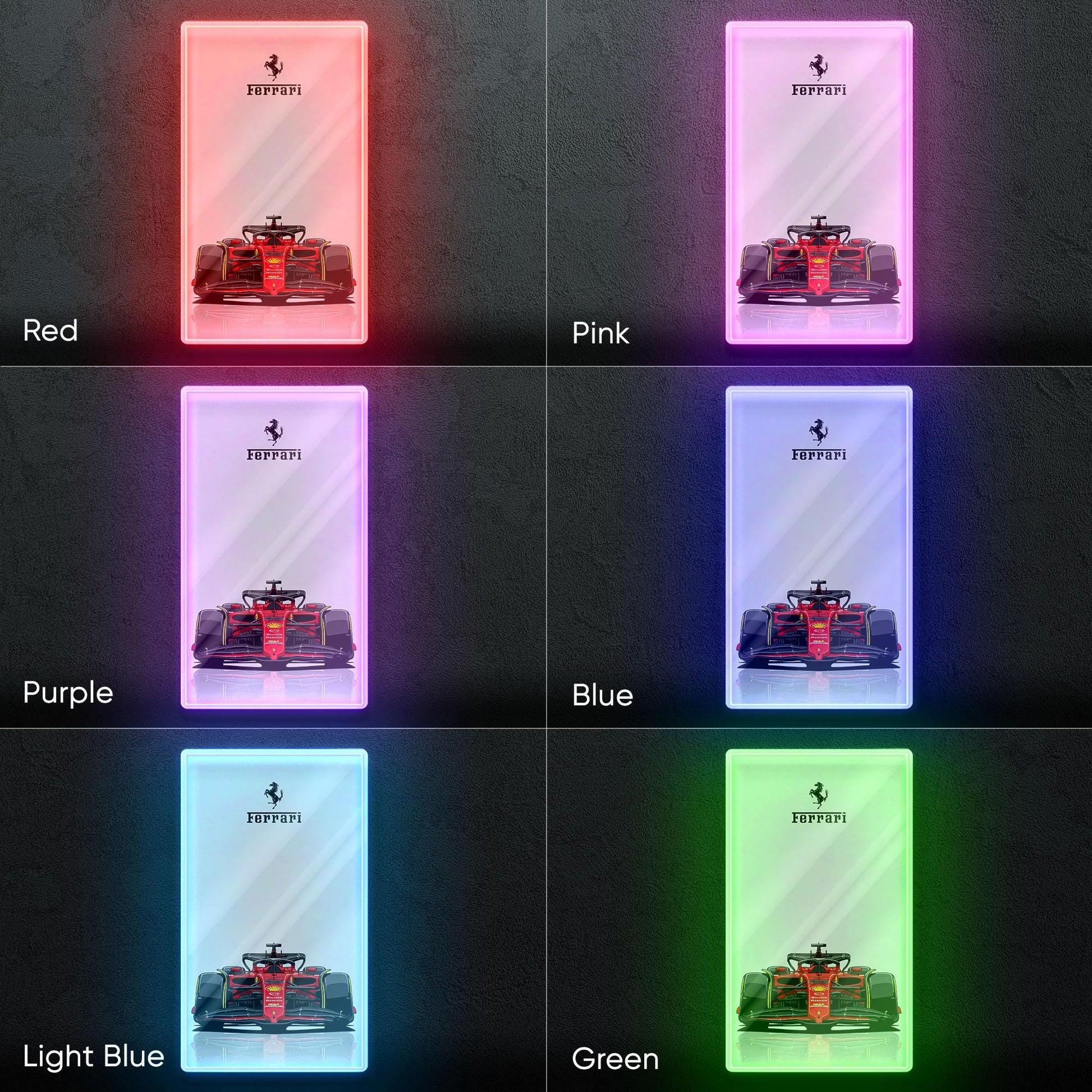 Ferrari F1 Neon Sign - Bold front view wall art of iconic Scuderia Ferrari Formula 1 car, perfect for garage, man cave, office or motorsport