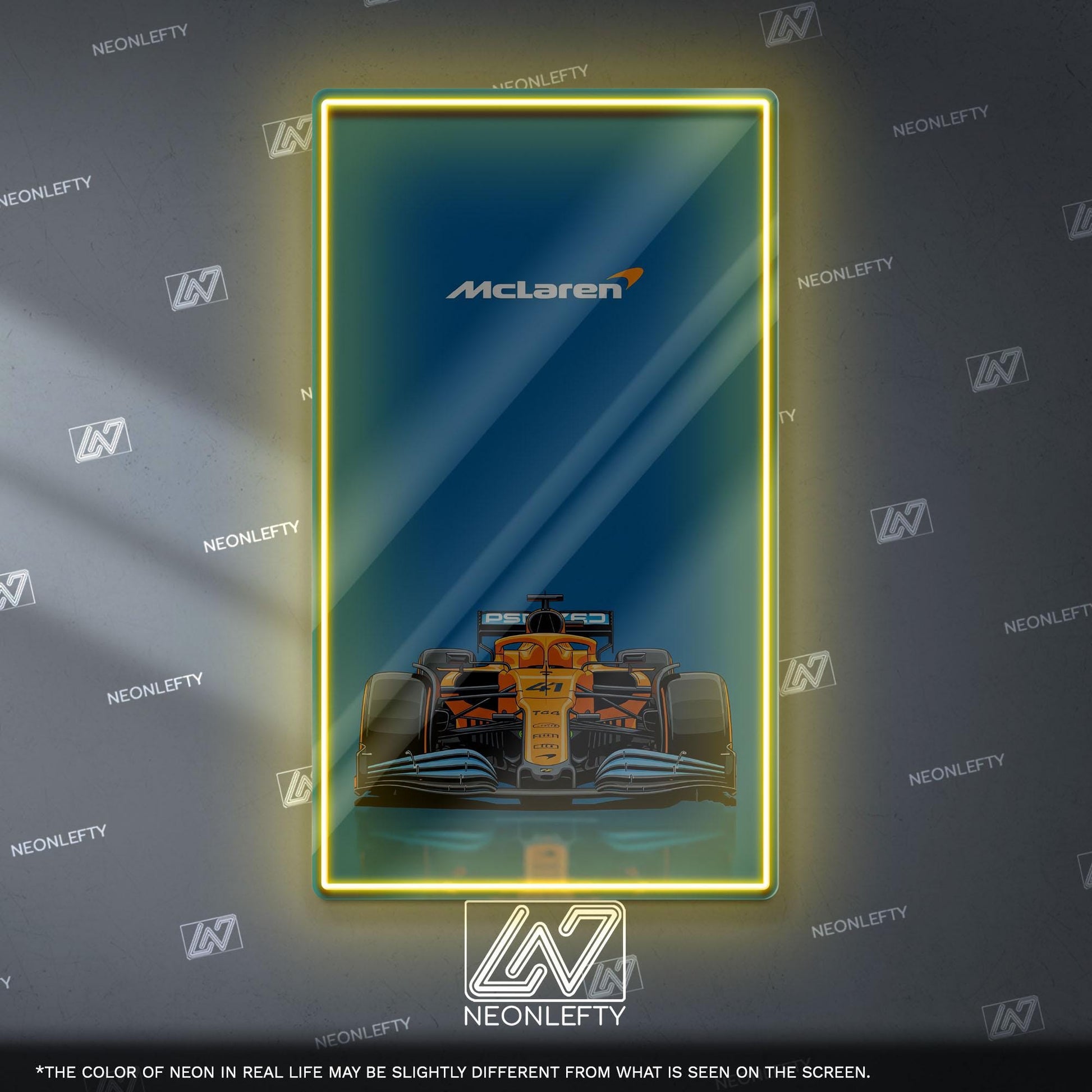 McLaren F1 Neon Sign - Bold front view wall art of iconic McLaren Formula 1 car, perfect for garage, man cave, office or motorsport setup