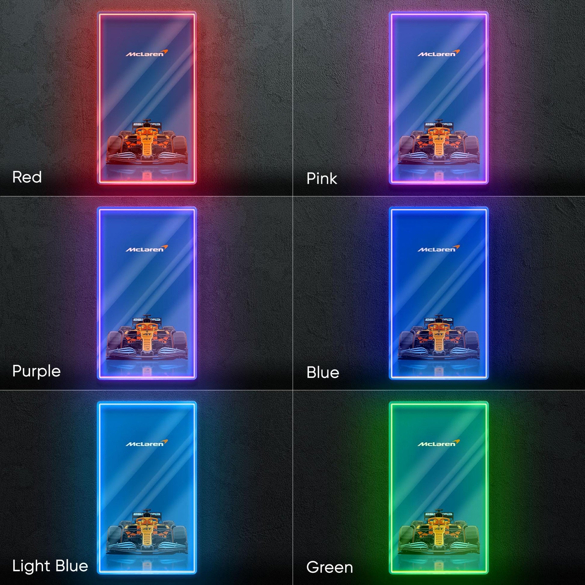 McLaren F1 Neon Sign - Bold front view wall art of iconic McLaren Formula 1 car, perfect for garage, man cave, office or motorsport setup