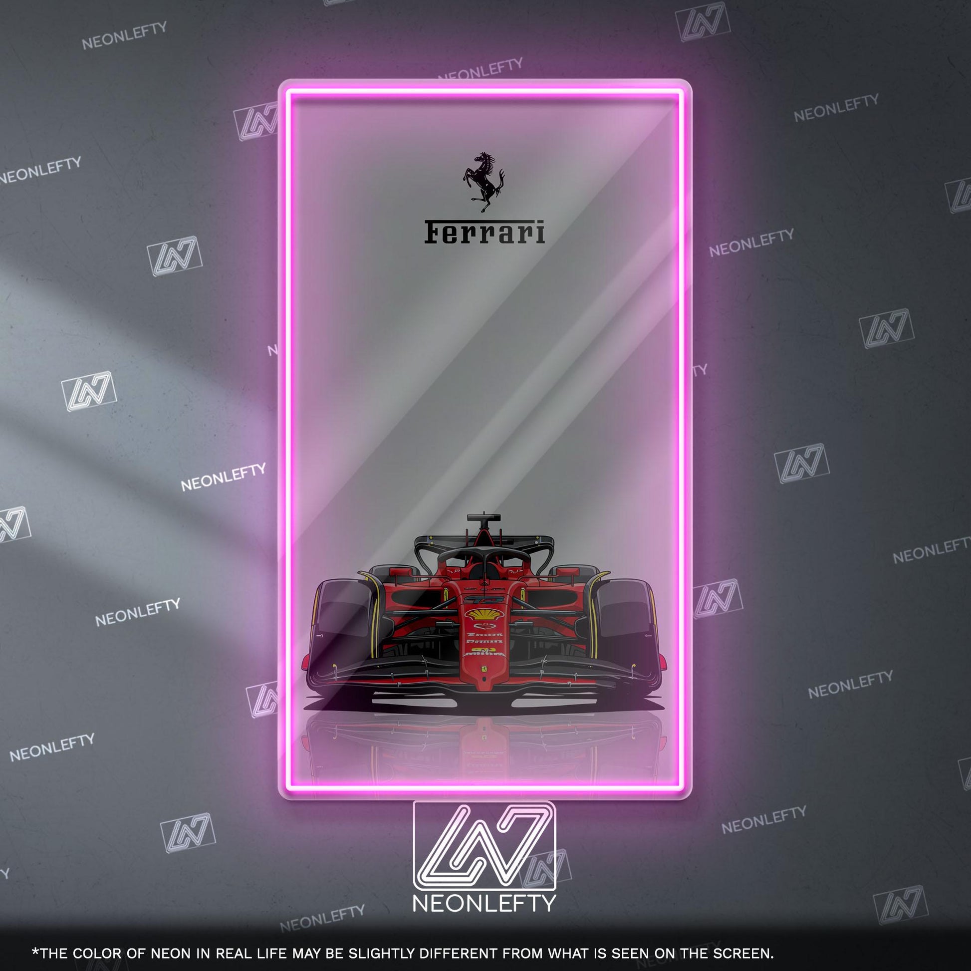 Ferrari F1 Neon Sign - Bold front view wall art of iconic Scuderia Ferrari Formula 1 car, perfect for garage, man cave, office or motorsport