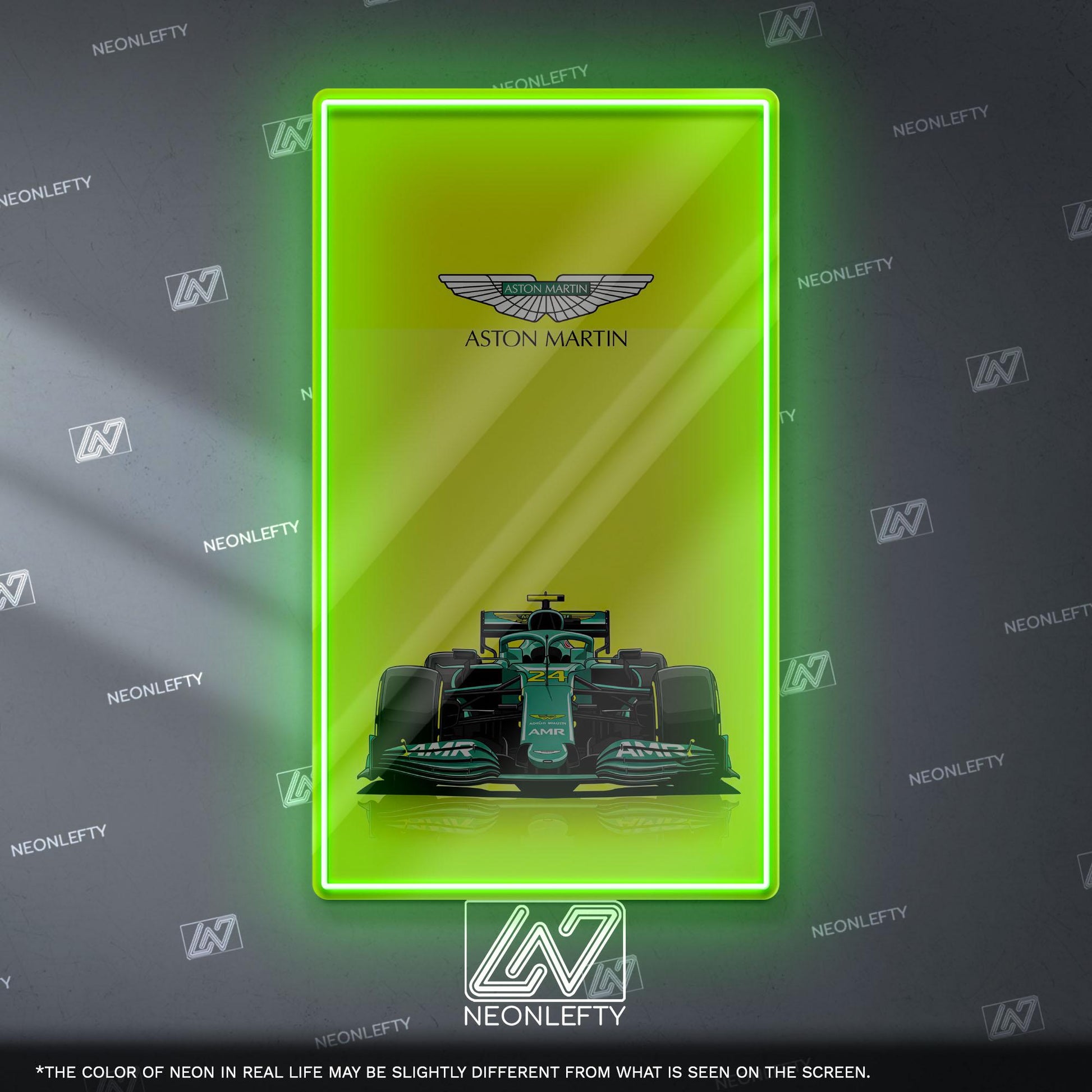 Aston Martin F1 Neon Sign - Front view wall art of Aston Martin Formula 1 car, perfect for garage, man cave, office or motorsport decor