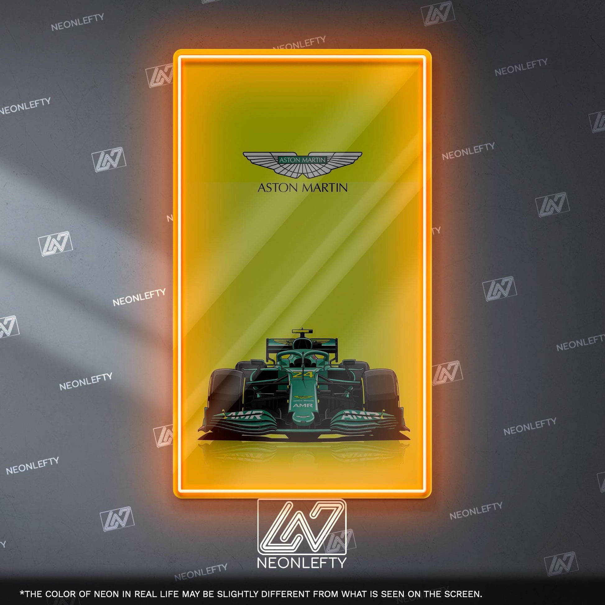 Aston Martin F1 Neon Sign - Front view wall art of Aston Martin Formula 1 car, perfect for garage, man cave, office or motorsport decor