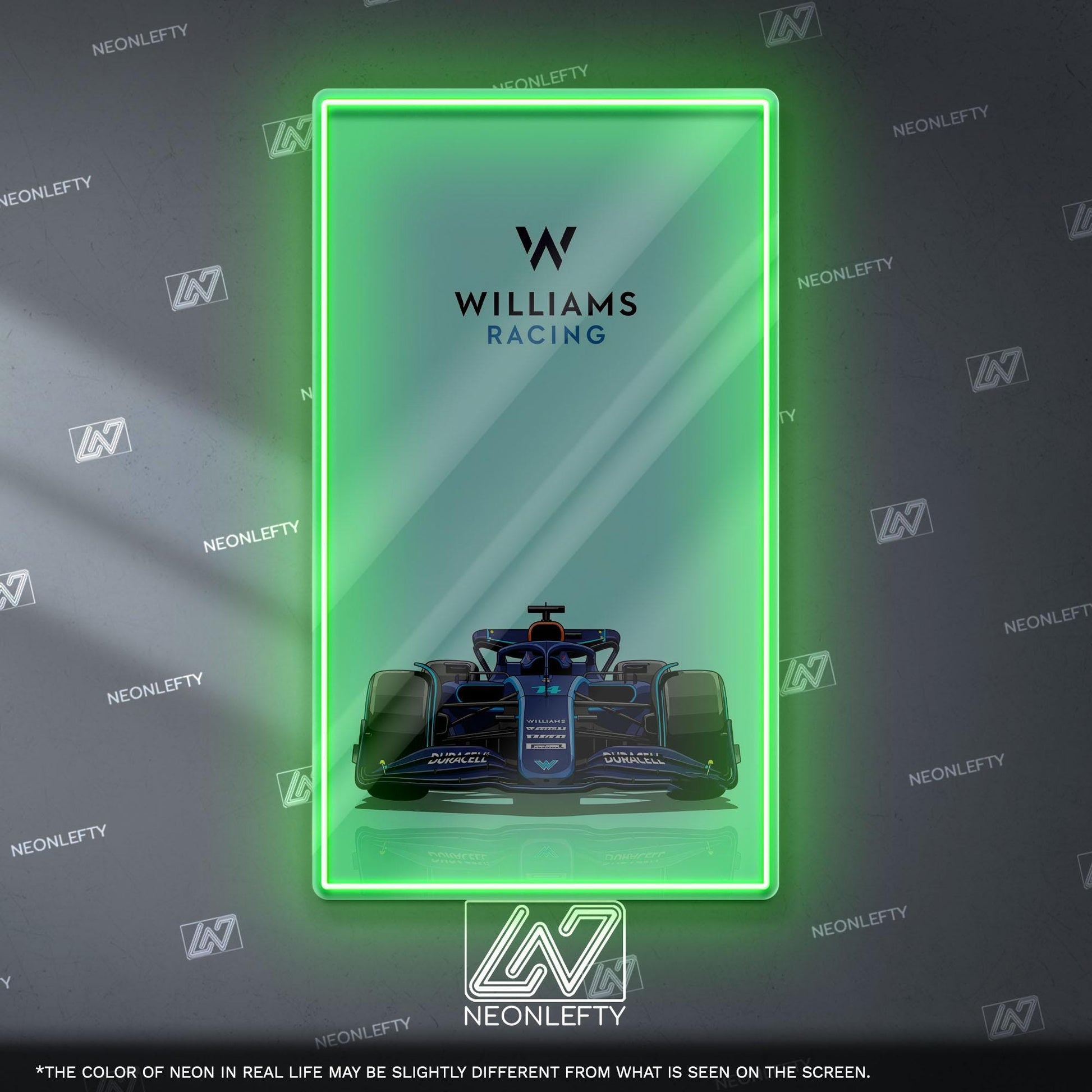 Williams Racing F1 Neon Sign - Front view wall art of iconic Formula 1 team car, perfect for garage, man cave, office or motorsport setup