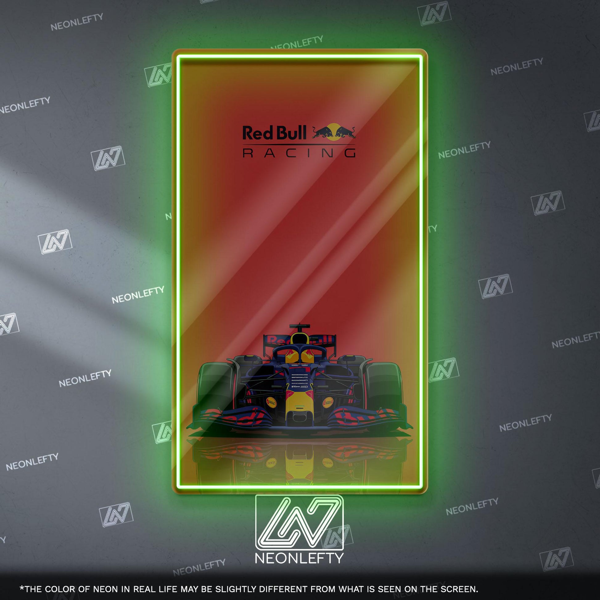 Red Bull Racing F1 Neon Sign - Dynamic front view wall art of iconic Formula 1 team car, perfect for garage, man cave, office or motorsport