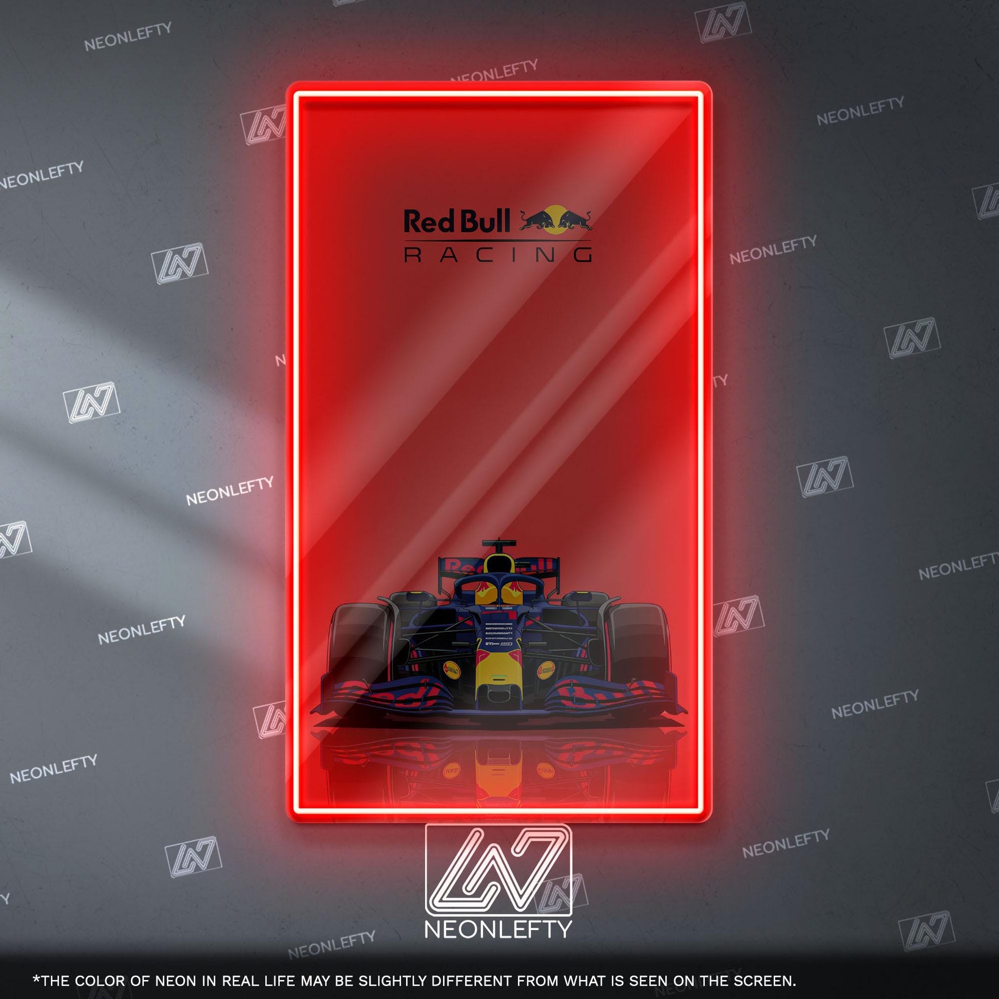 Red Bull Racing F1 Neon Sign - Dynamic front view wall art of iconic Formula 1 team car, perfect for garage, man cave, office or motorsport