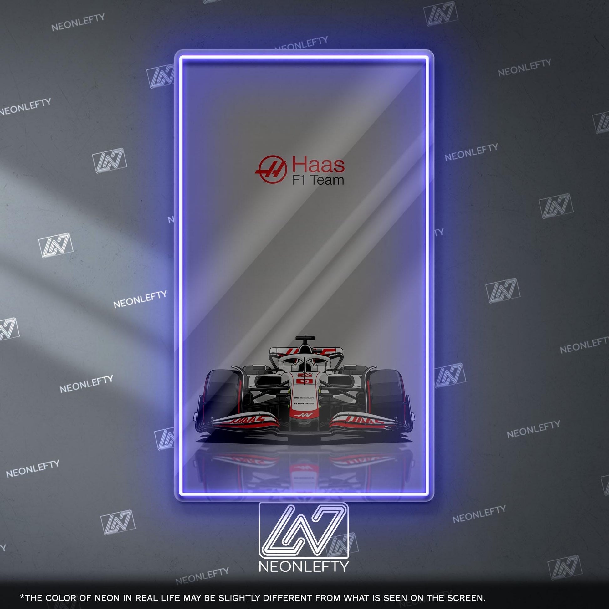 Haas F1 Team Neon Sign - Bold front view wall art of American Formula 1 car, perfect for garage, man cave, office or motorsport collection