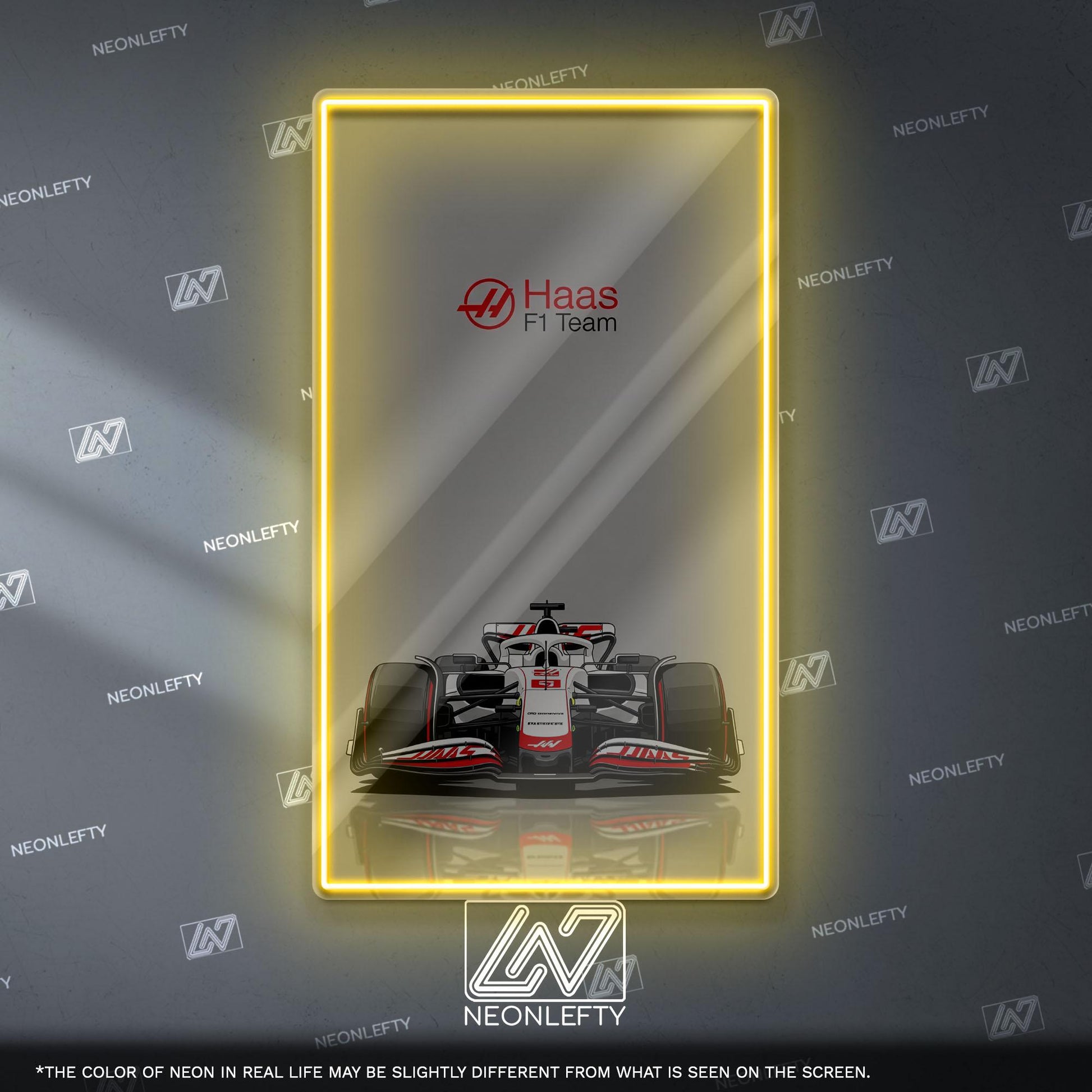 Haas F1 Team Neon Sign - Bold front view wall art of American Formula 1 car, perfect for garage, man cave, office or motorsport collection