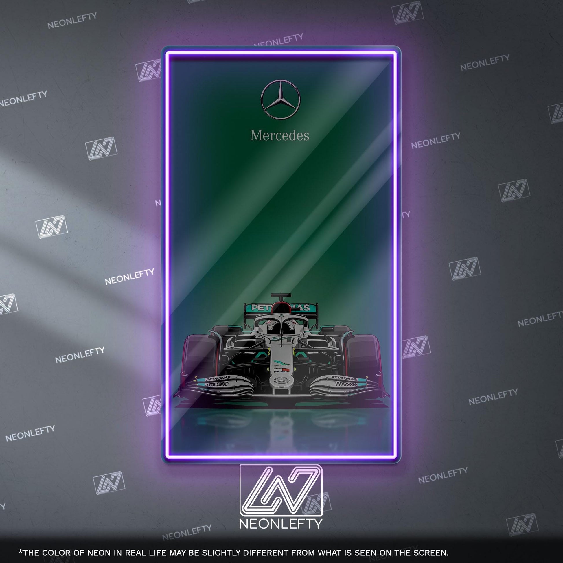 Mercedes F1 Neon Sign - Sleek front view wall art of iconic Formula 1 car, perfect for garage, man cave, office or motorsport enthusiast