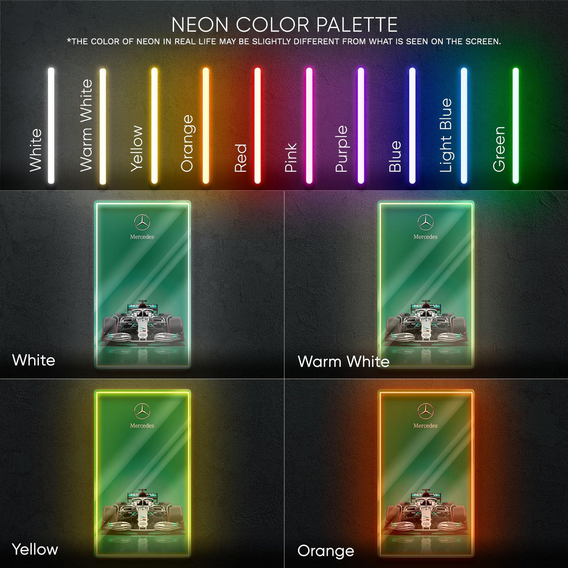 Mercedes F1 Neon Sign - Sleek front view wall art of iconic Formula 1 car, perfect for garage, man cave, office or motorsport enthusiast