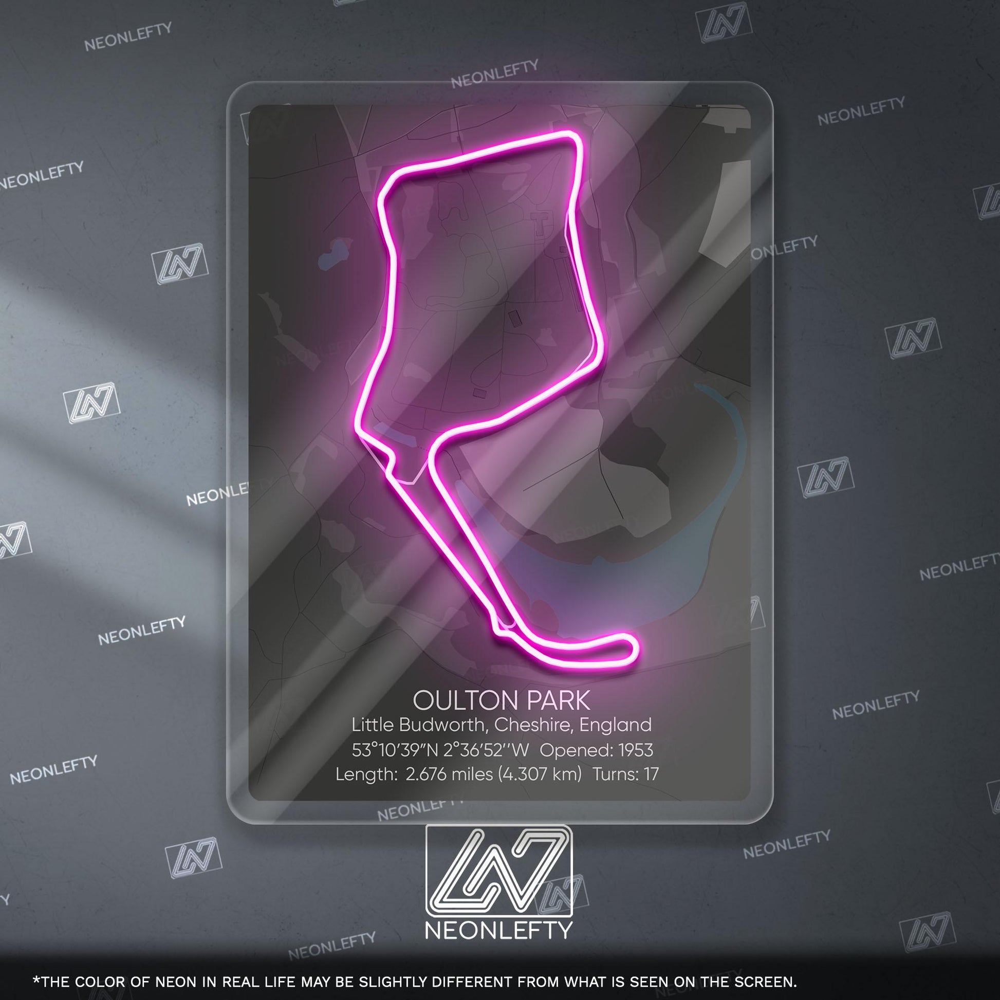 Oulton Park Neon Sign - Classic British motorsport circuit art for racing fans, perfect for garage, man cave, track-inspired decor space