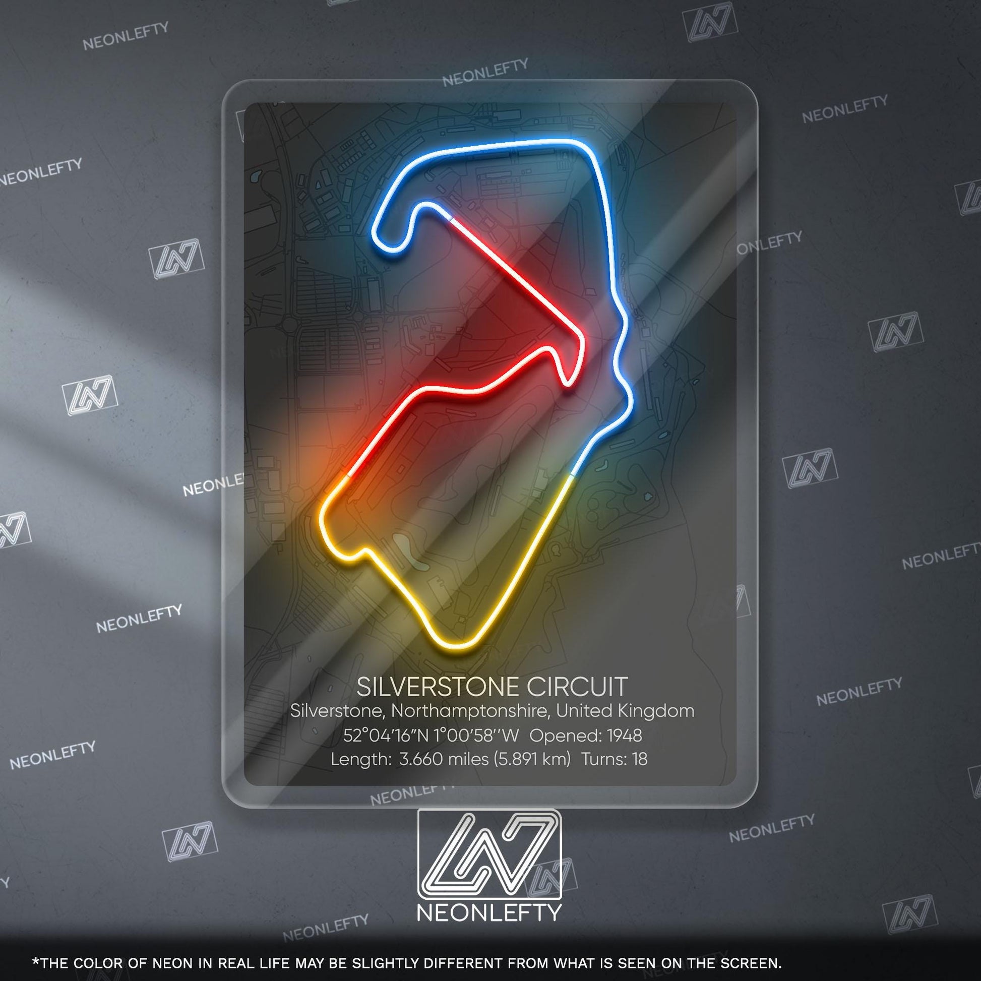 Silverstone Circuit Neon Sign - Historic British Formula 1 track wall art for motorsport fans, perfect for garage, man cave, racing decor