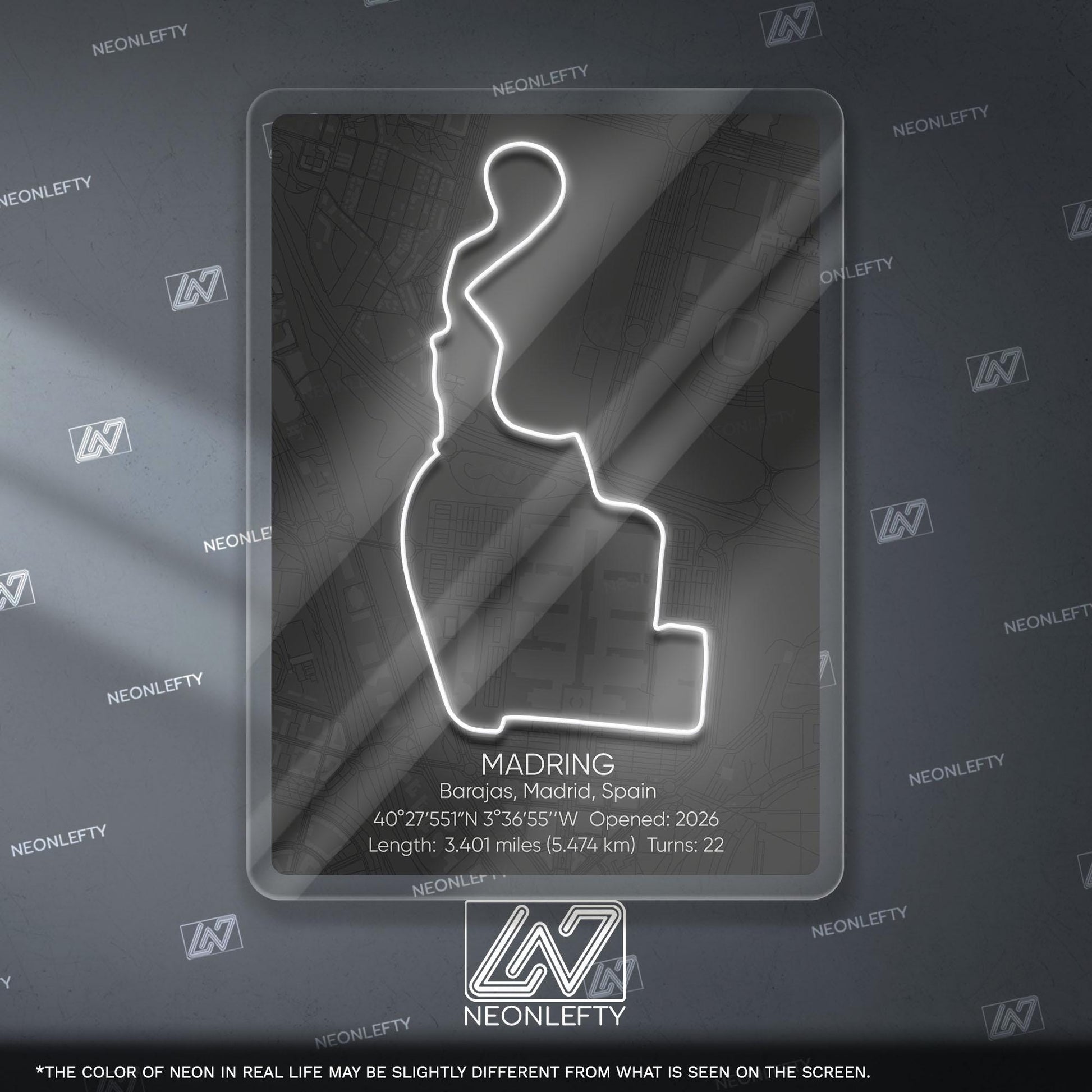 Madring Circuit Neon Sign - Modern racing track wall art inspired by Circuito de Madring, perfect for garage, man cave, motorsport room