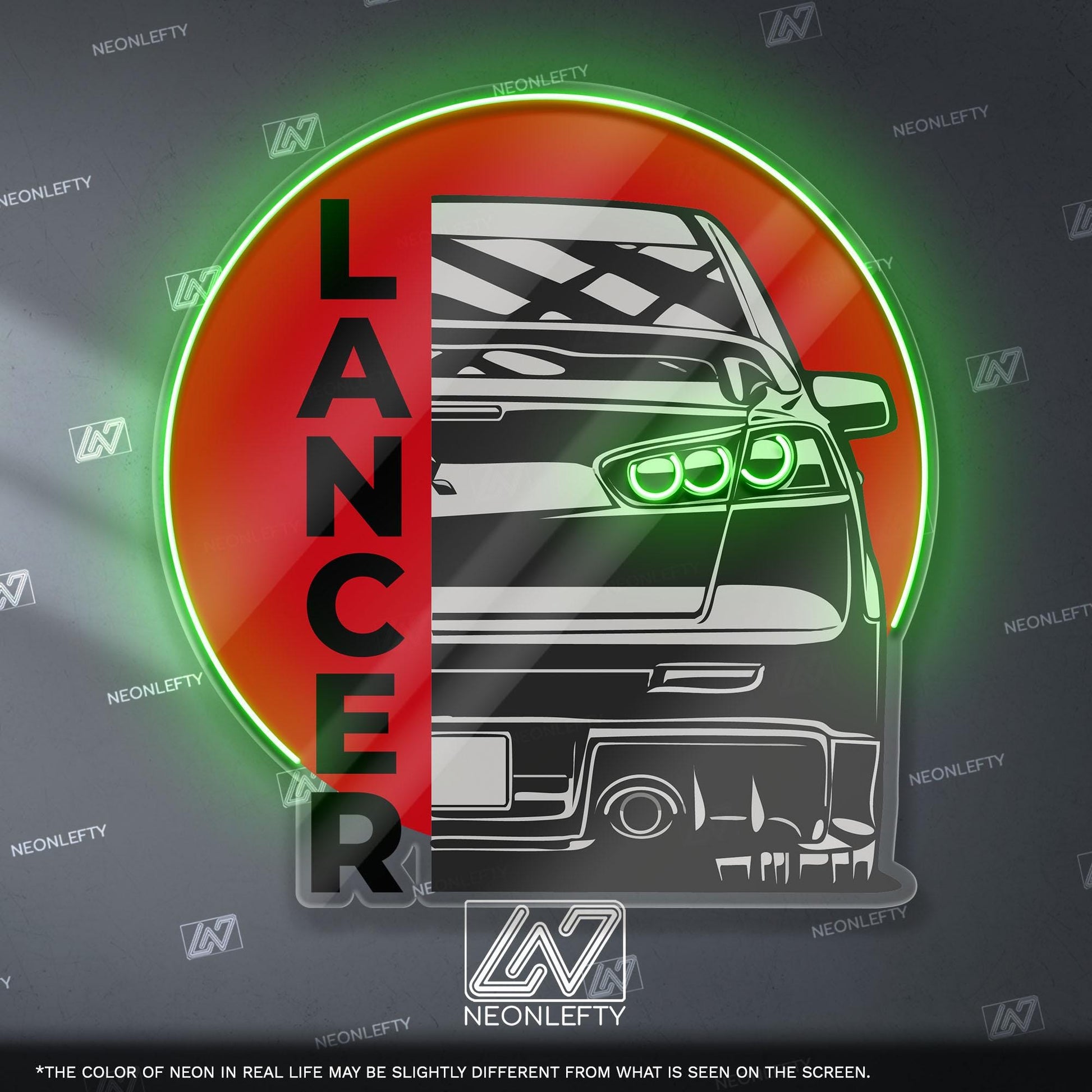 Lancer Evo X Neon Sign - Rear view wall art of iconic Mitsubishi Evo X, perfect for garage, man cave, tuner room or JDM rally car enthusiast