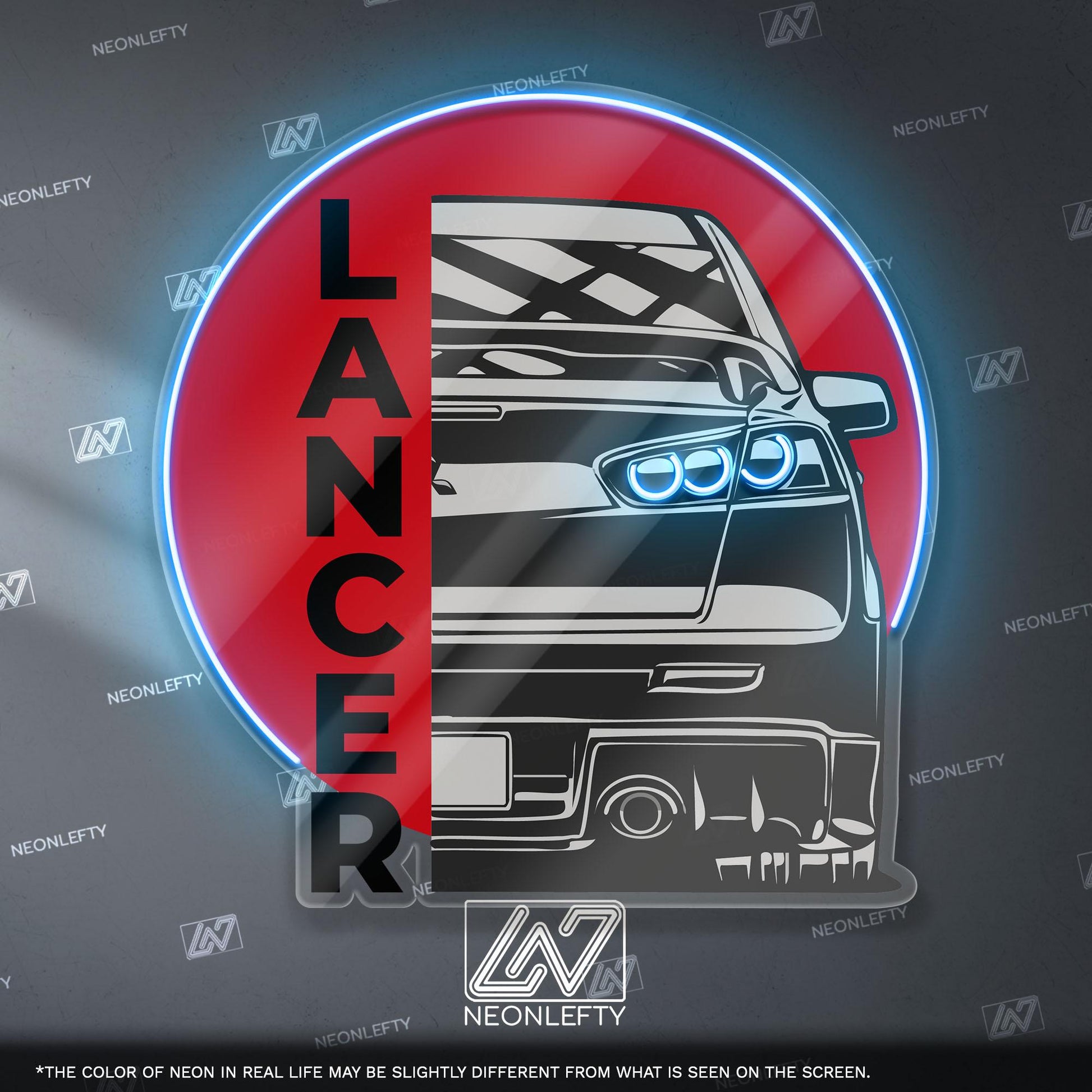 Lancer Evo X Neon Sign - Rear view wall art of iconic Mitsubishi Evo X, perfect for garage, man cave, tuner room or JDM rally car enthusiast