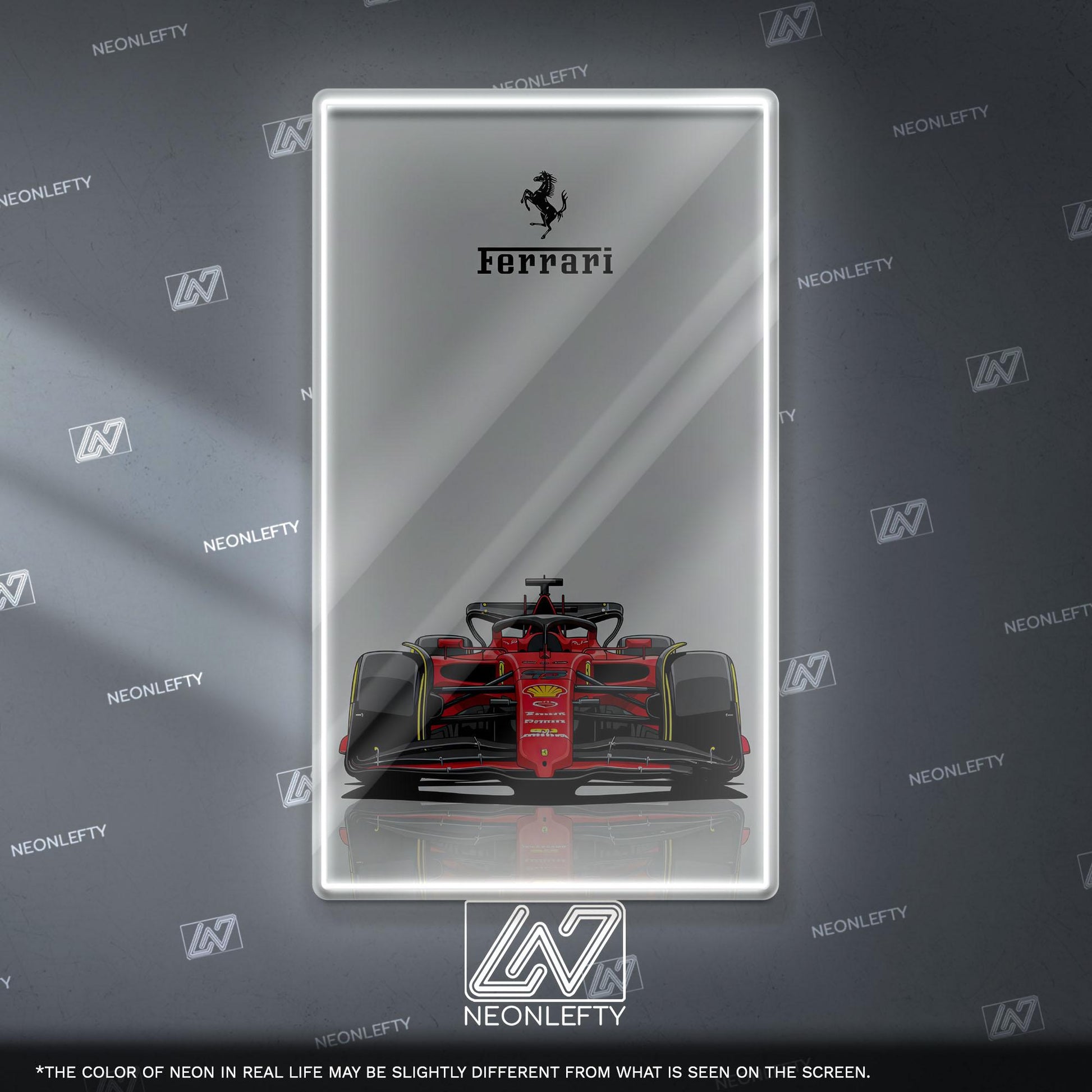 Ferrari F1 Neon Sign - Bold front view wall art of iconic Scuderia Ferrari Formula 1 car, perfect for garage, man cave, office or motorsport