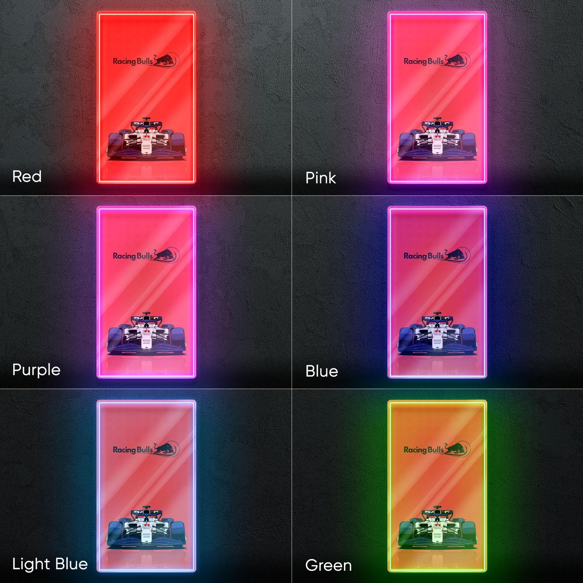 Racing Bulls F1 Neon Sign - Bold front view wall art of Racing Bulls Formula 1 car, perfect for garage, man cave, office or motorsport fan