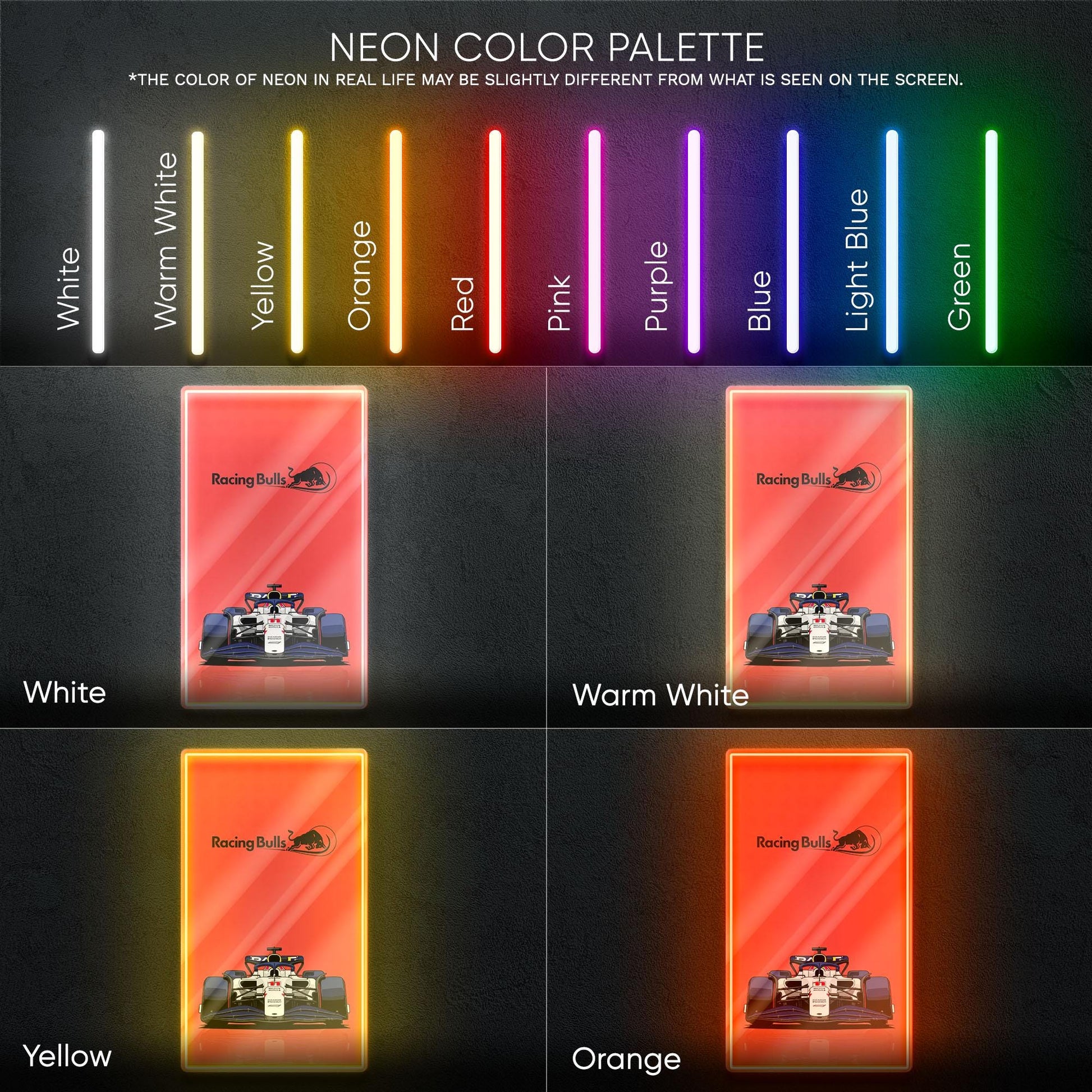 Racing Bulls F1 Neon Sign - Bold front view wall art of Racing Bulls Formula 1 car, perfect for garage, man cave, office or motorsport fan