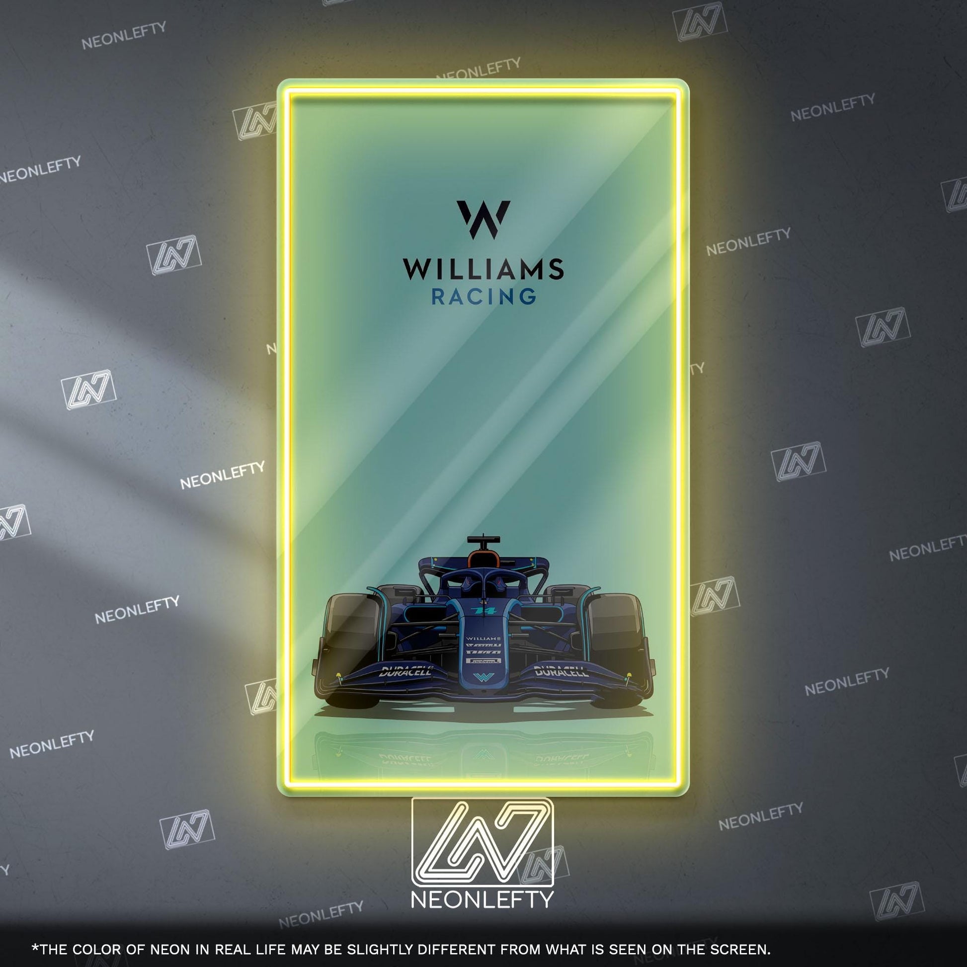 Williams Racing F1 Neon Sign - Front view wall art of iconic Formula 1 team car, perfect for garage, man cave, office or motorsport setup