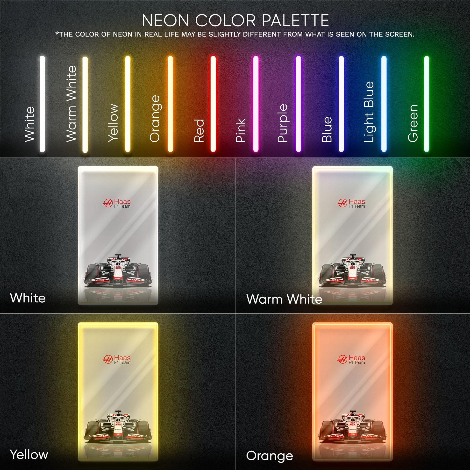 Haas F1 Team Neon Sign - Bold front view wall art of American Formula 1 car, perfect for garage, man cave, office or motorsport collection