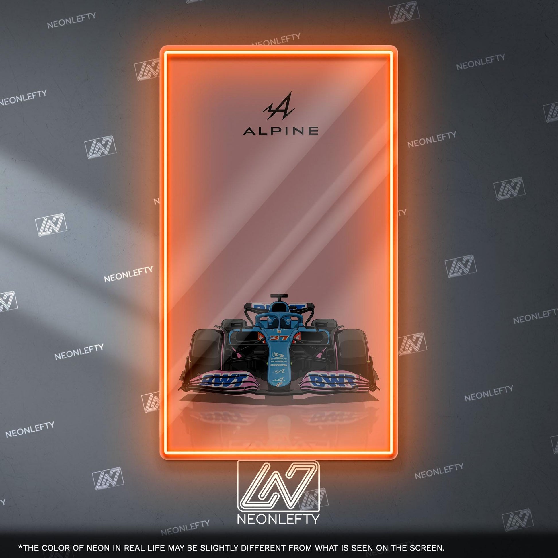 Alpine F1 Neon Sign - Front view wall art of Alpine Formula 1 car, perfect for garage, man cave, office or motorsport enthusiast interior