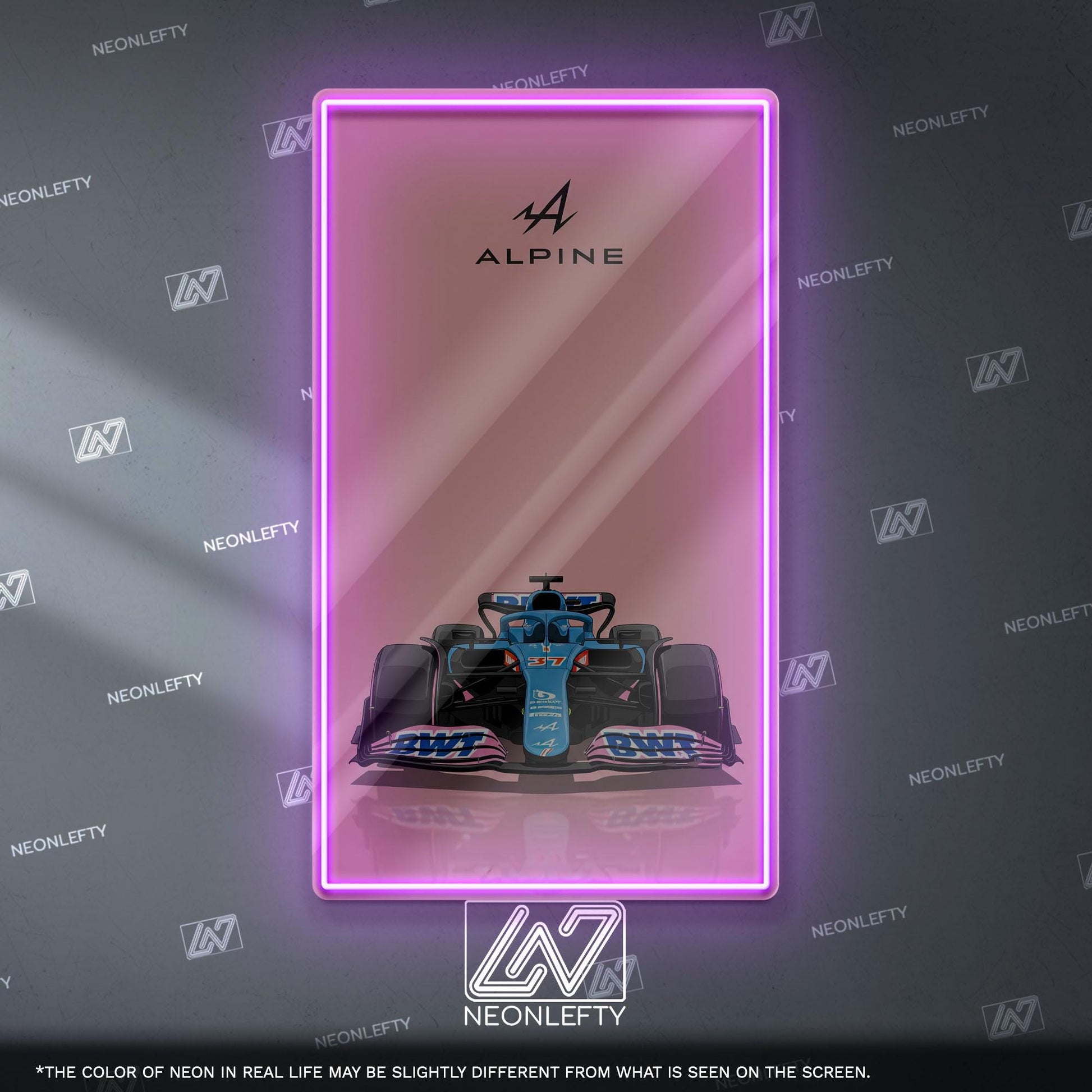 Alpine F1 Neon Sign - Front view wall art of Alpine Formula 1 car, perfect for garage, man cave, office or motorsport enthusiast interior