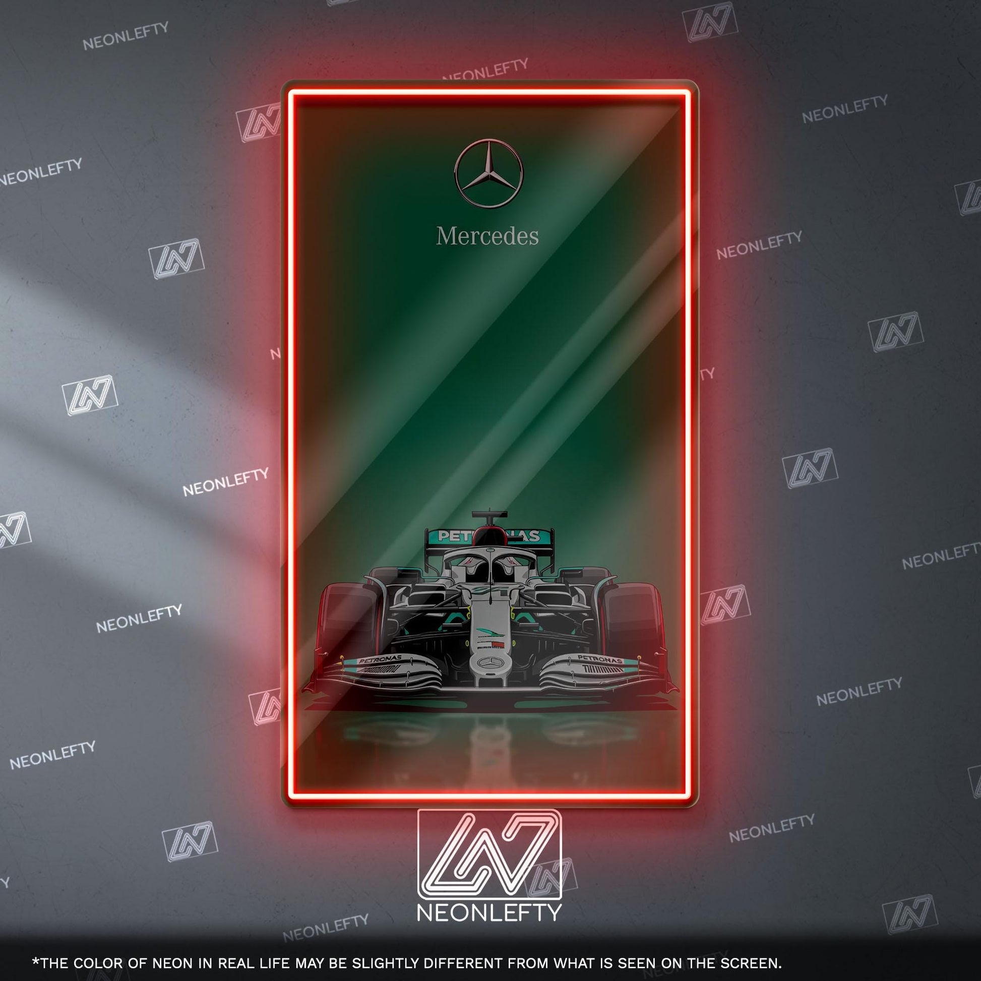 Mercedes F1 Neon Sign - Sleek front view wall art of iconic Formula 1 car, perfect for garage, man cave, office or motorsport enthusiast