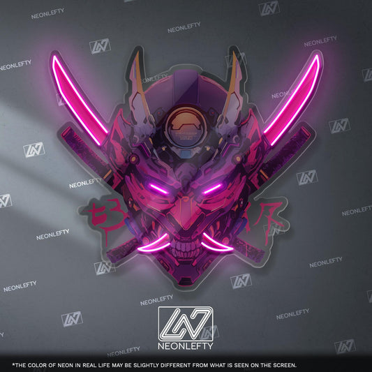 Cyberpunk Oni Mask neon sign for gaming and anime decor, perfect gift for enthusiasts.