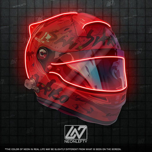 Neon sign of a racing helmet, perfect for motorsport fans and unique home decor.