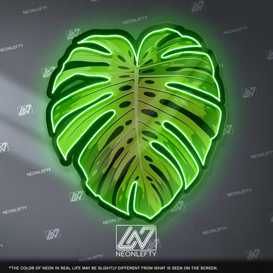 Monstera Leaf v3 neon sign in green, perfect for home decor and gifts.
